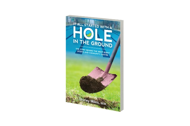 Cover of It All Started With A Hole In The Ground showing a spade lifting a clump of soil from the earth, with green grass visible beneath. The image blends upward into a bright blue swimming pool, with the book title overlaid across the top.