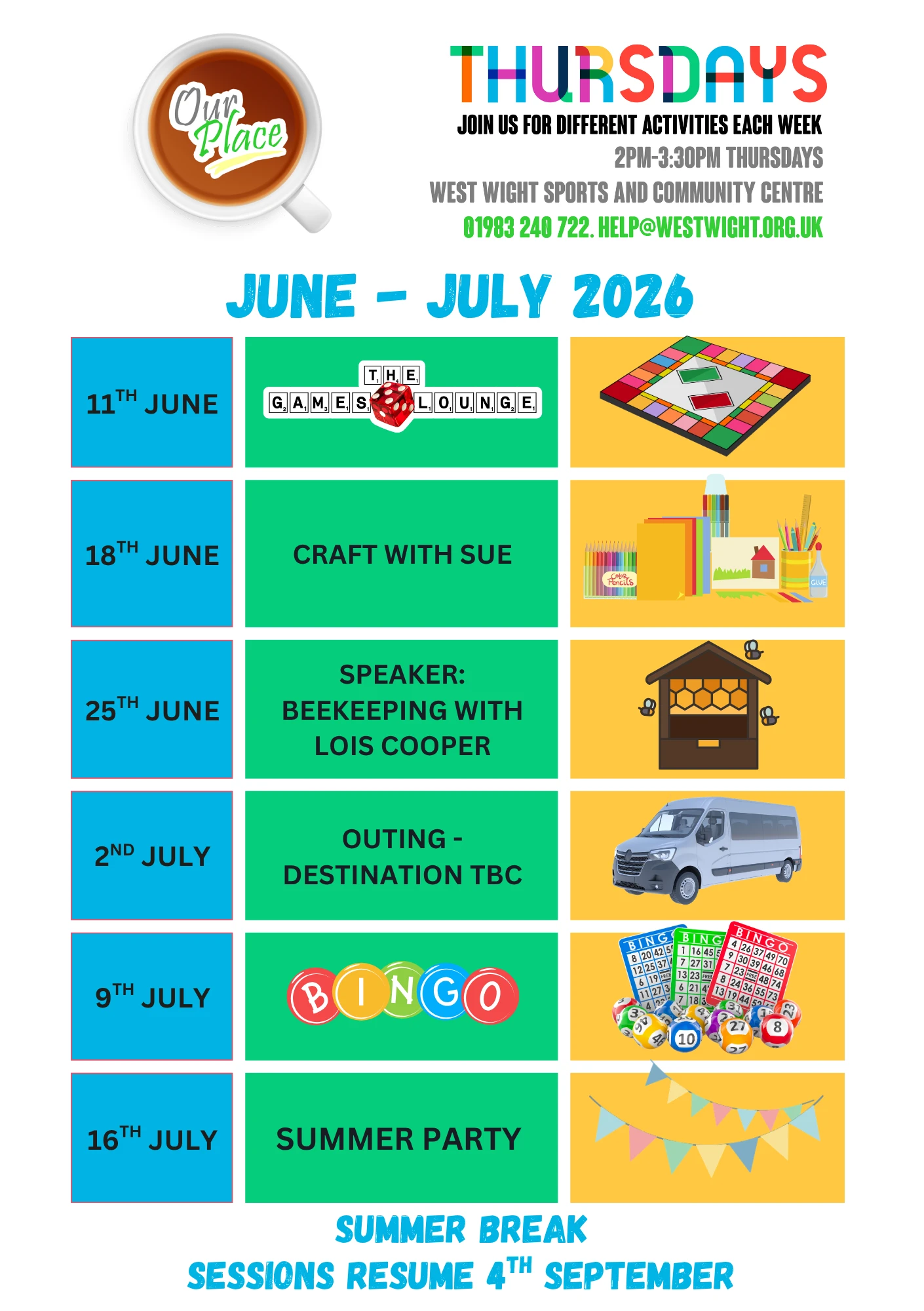 Our Place Thutsday timetable June to July 2026