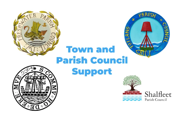 Image showing the logos of local town and pariosh council supporting West Wight Sports and Community Centre. L-R Freshwater Parish Council, Totland Parish Council, Yarmouth Town Council, Shalfleet Parish Council
