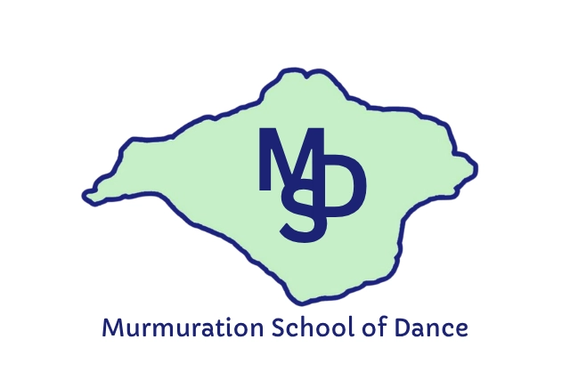 A light green silhouette of the Isle of Wight contains a dark blue logo with the letters MSD intertwined. Below the island is text that reads "Murmuration School of Dance".