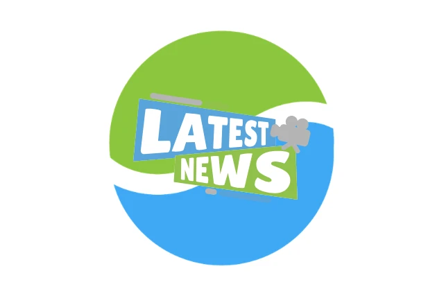Newsletters A circular logo with green on top and blue on the bottom features the words "LATEST NEWS" in stylized white and green text. A small gray film camera icon is positioned to the right of the text.