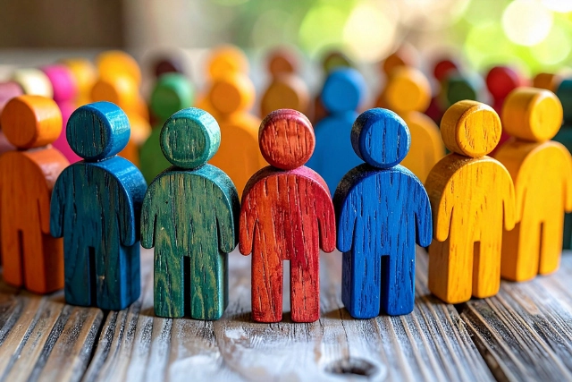 Values A group of colorful wooden figures stand on a wooden surface. The figures are in focus in the foreground and blurred in the background, creating a sense of community.