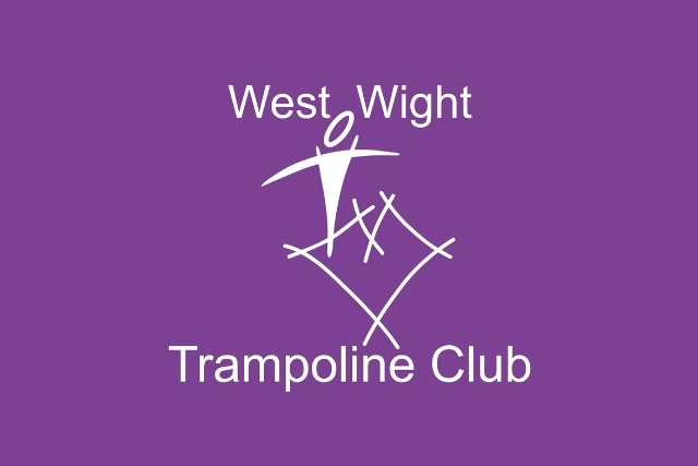 The image is a logo for the West Wight Trampoline Club. It features a stylized white silhouette of a person jumping on a trampoline against a purple background. The club name is written in white text above and below the graphic.